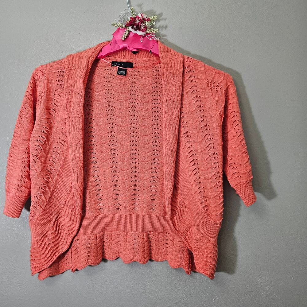 Thesis Womens Coral Open Front Knit Cardigan S Pointelle Ruffle CottageCore